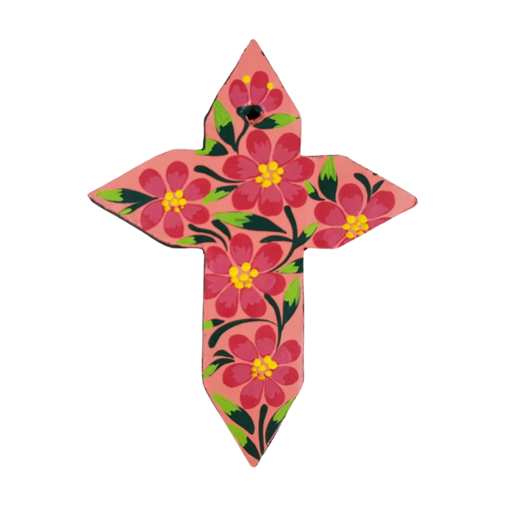 Cruz chica de papel maché, pintada a mano