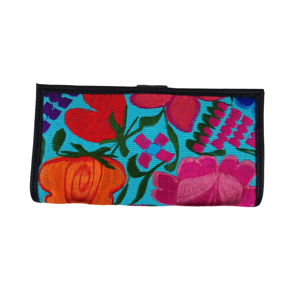 Cartera de piel con textil, para dama, hecha en Oaxaca