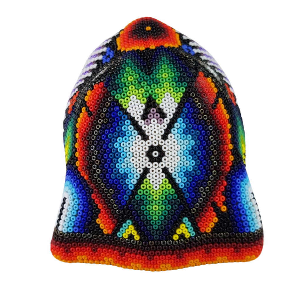 Cabeza de jaguar chica hecha de papel maché con motivos wixárika