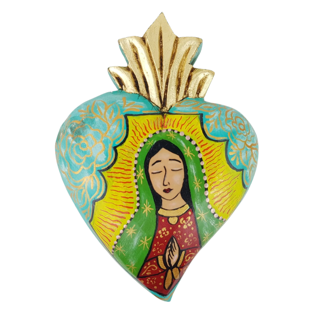Corazón milagro de madera, con imagen de la Virgen de Guadalupe