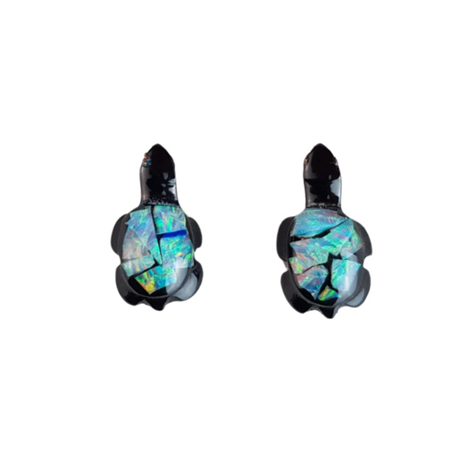 Arete tortuga de obsidiana con encapsulado de ópalo mexicano