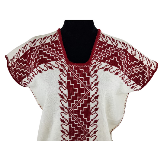 Huanengo Cocucho, blusa purépecha bordada en punto de cruz con grecas y flores.