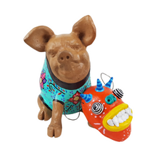 Cargar imagen en el visor de la galería, Alcancía de cerdito con máscara, tamaño grande elaborado en barro policromado frío