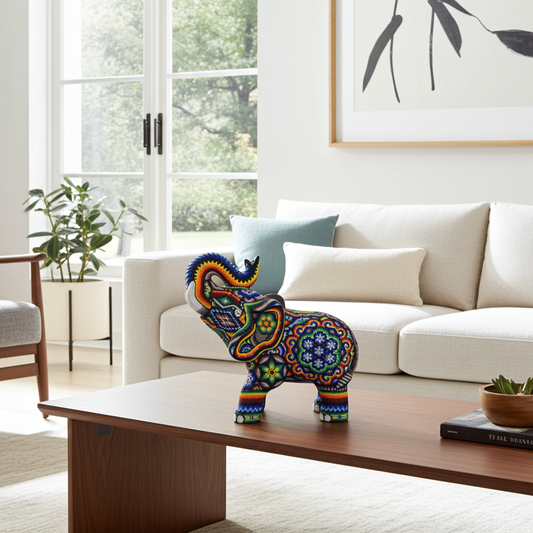 Elefante tallado en madera decorado con motivos Wixáricas