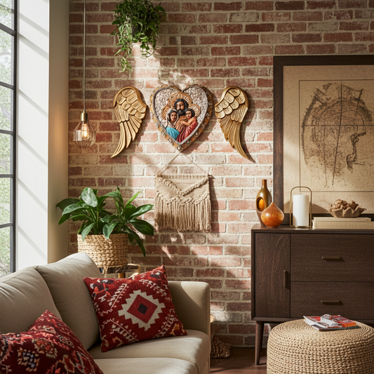 Corazón con alas, Sagrada Familia, madera tallada decorada con milagritos