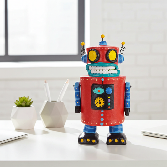 Alcancía robot con partes móviles elaborada en barro policromado frío