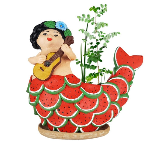 Maceta sirena mexicana con escamas frutales, figura de barro de Tlaquepaque Jalisco