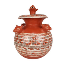 Cargar imagen en el visor de la galería, Olla con cabezas de zorritas de barro bruñido decorado a mano con motivos prehispánicos