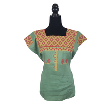 Cargar imagen en el visor de la galería, Blusa de lino con bordados Tzotziles tradicionales de Chiapas azul con detalles rosas y amarillos en cuello, pecho y mangas