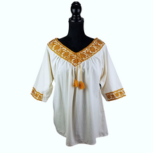 Cargar imagen en el visor de la galería, Blusa Atla de manta con manga 3/4 y pechera con bordado de hilván de Puebla

