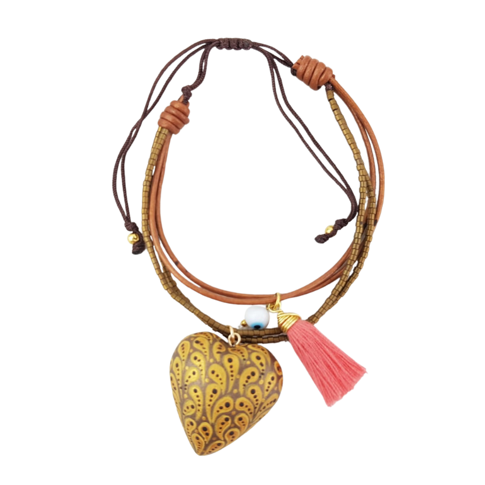 Pulsera con corazón o trompo de madera copal tallado y decorado a mano