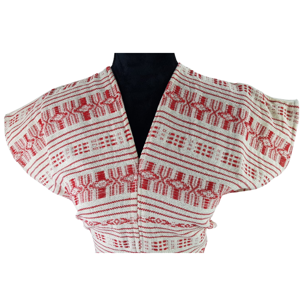 Vestido Quetzally unitalla, de manta con textil de telar, elaborado en Mitla, Oaxaca