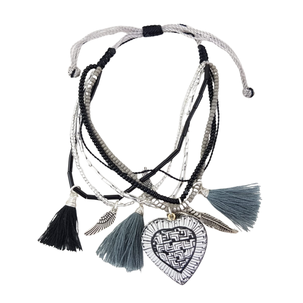 Pulsera con corazón o trompo de madera copal tallado y decorado a mano