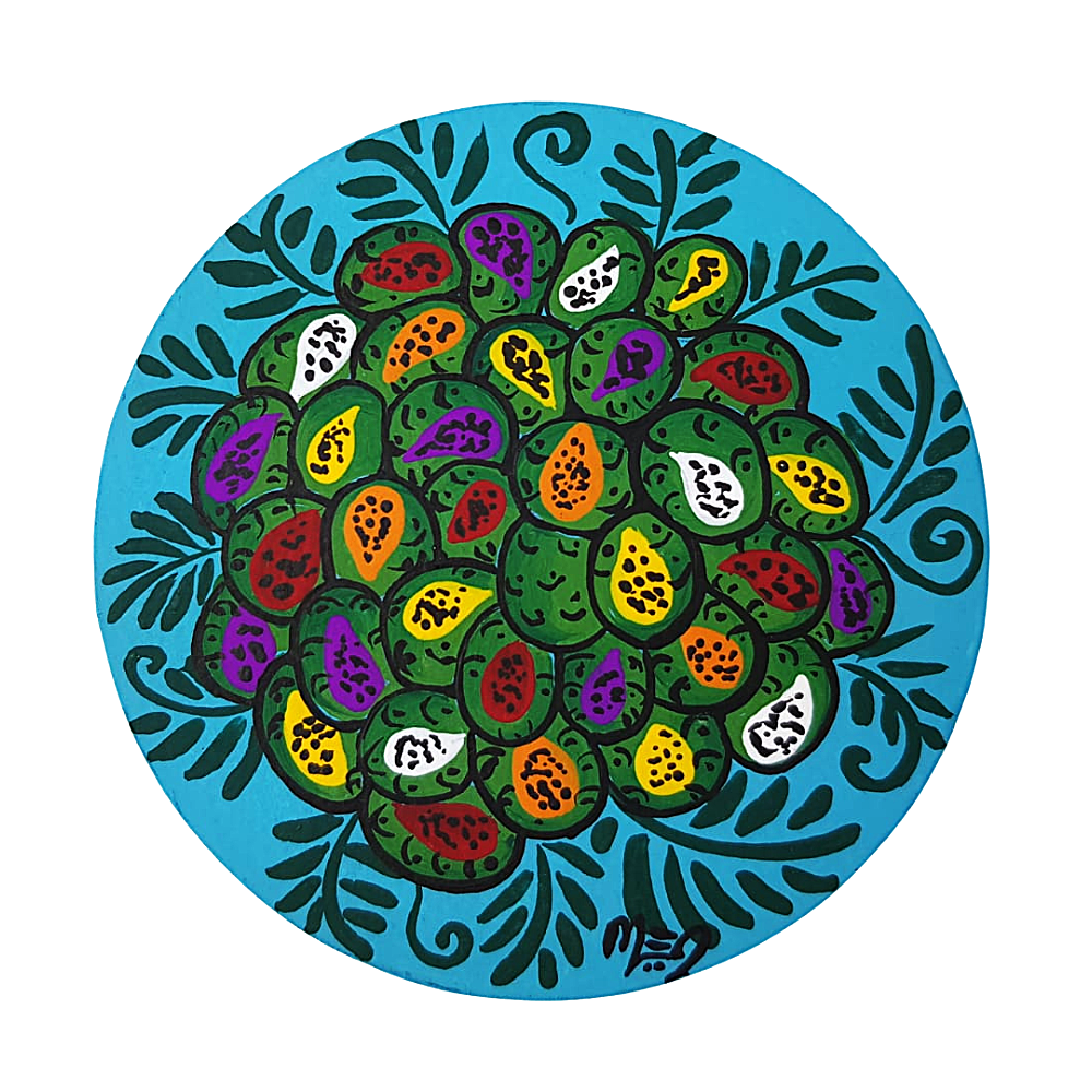 Espejo redondo chico de papel maché, pintado a mano