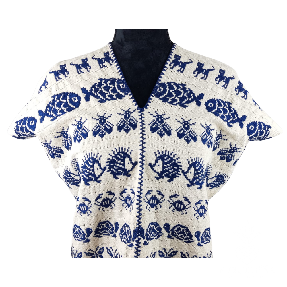 Blusa tipo huipil elaborado en San Juan Cotzocón, Oaxaca