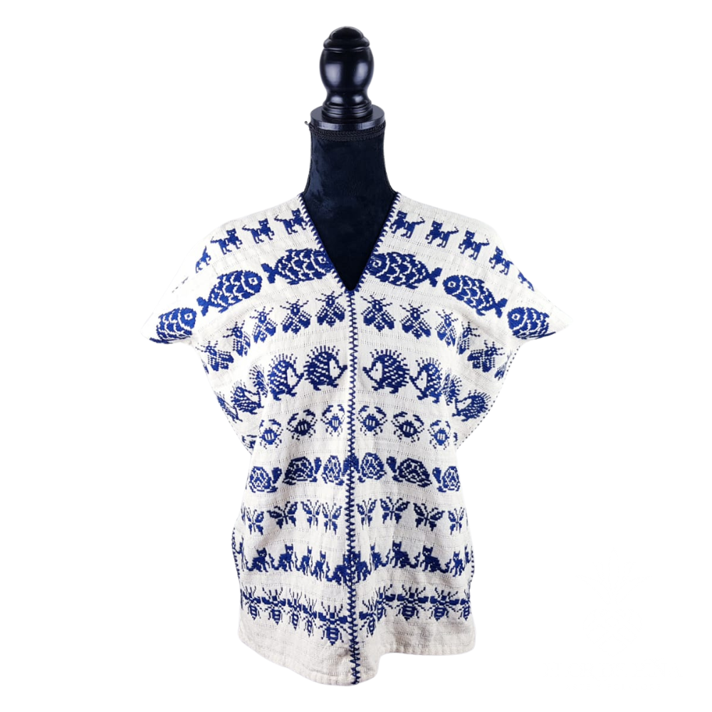 Blusa tipo huipil elaborado en San Juan Cotzocón, Oaxaca