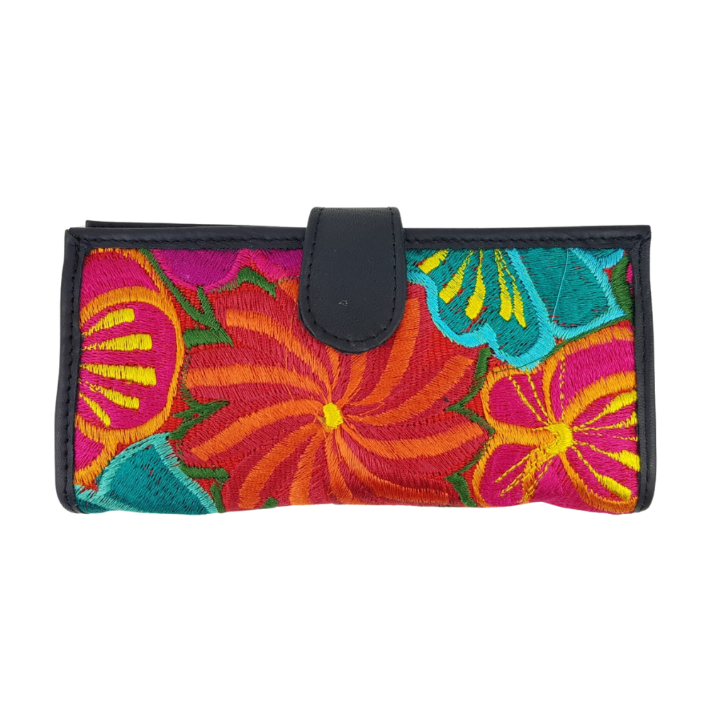 Cartera de piel con textil, para dama, hecha en Oaxaca