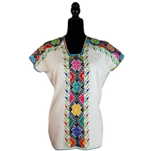 Cargar imagen en el visor de la galería, Huanengo Cocucho, blusa purépecha bordada en punto de cruz con grecas y flores.

