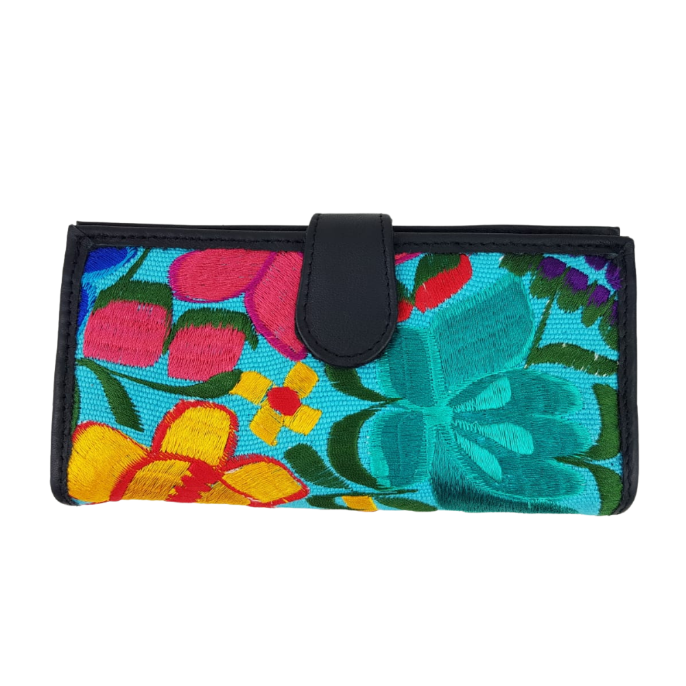 Cartera de piel con textil, para dama, hecha en Oaxaca