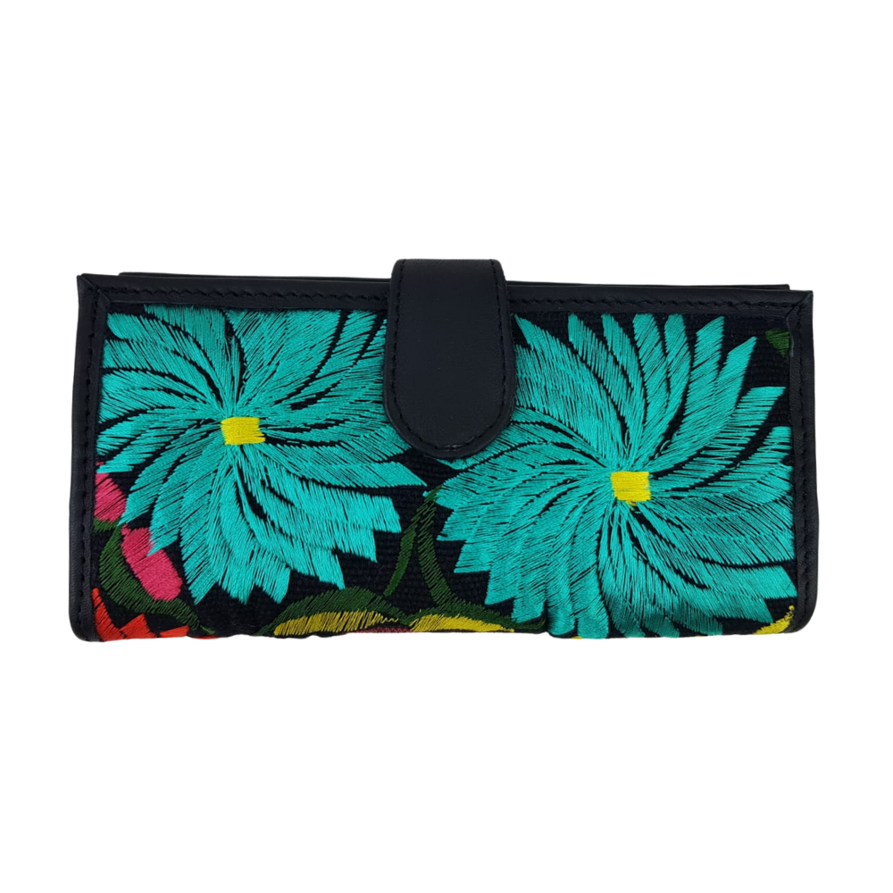 Cartera de piel con textil, para dama, hecha en Oaxaca