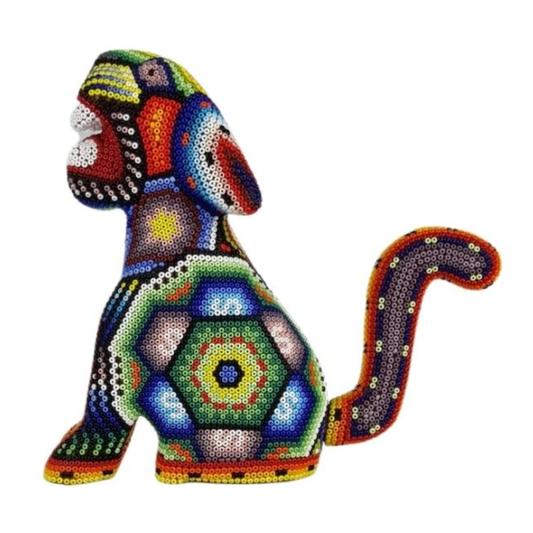Jaguar sentado mediano decorado con motivos Wixárika
