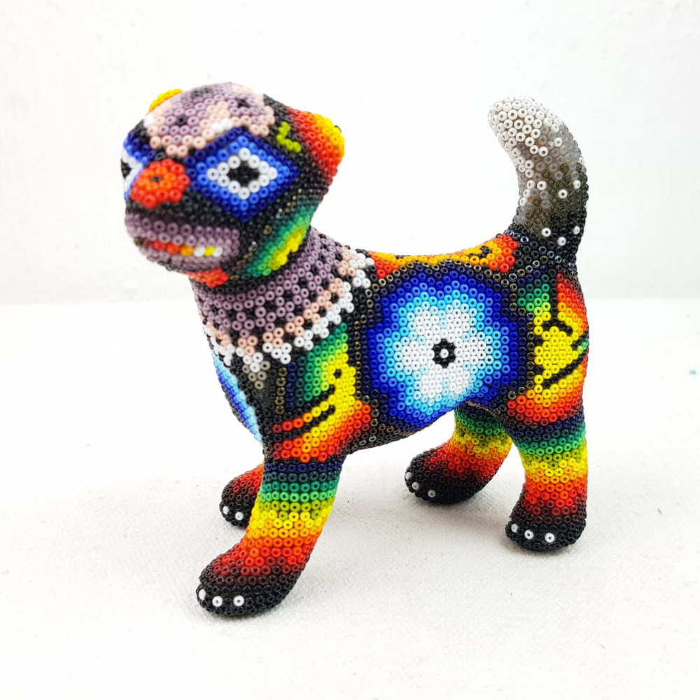 Perro chihuahua decorado con motivos Wixárika