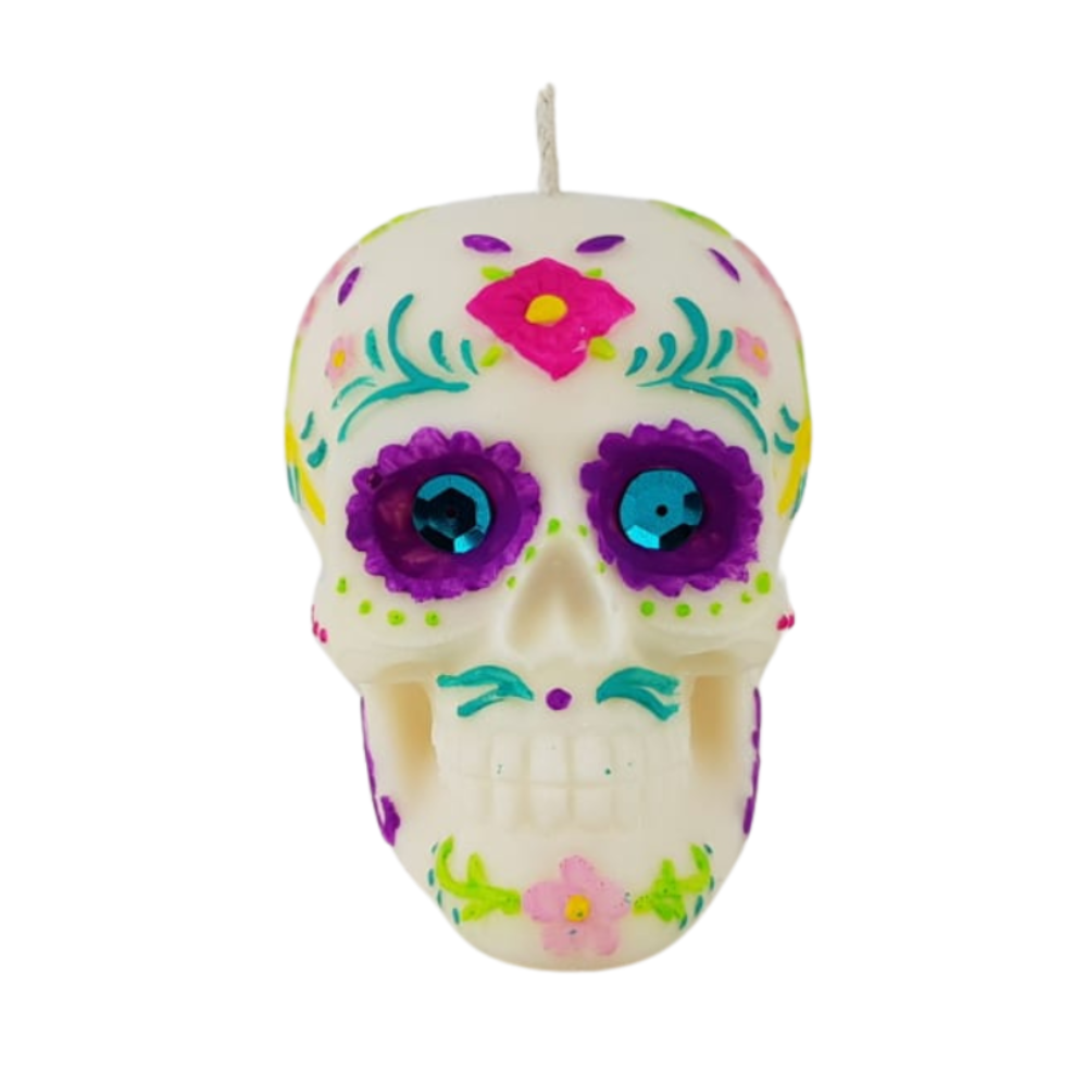 Vela para día de muertos, con forma de calaverita, flor de cempasúchil o papel picado