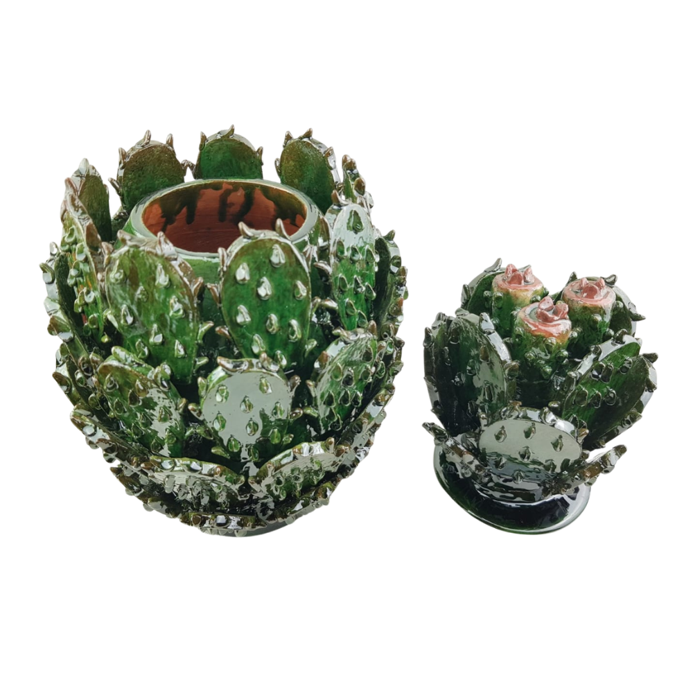 Piña vidriada pencas de nopal, decorada con la técnica de barro vidriado