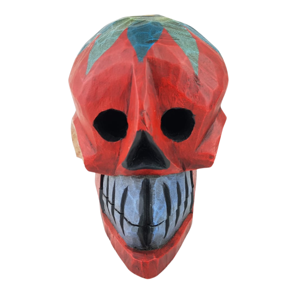 Cráneo purépecha tallado en madera de pino decorado a mano