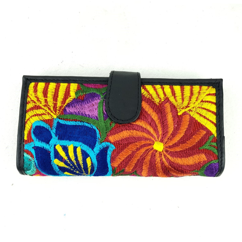 Cartera de piel con textil, para dama, hecha en Oaxaca