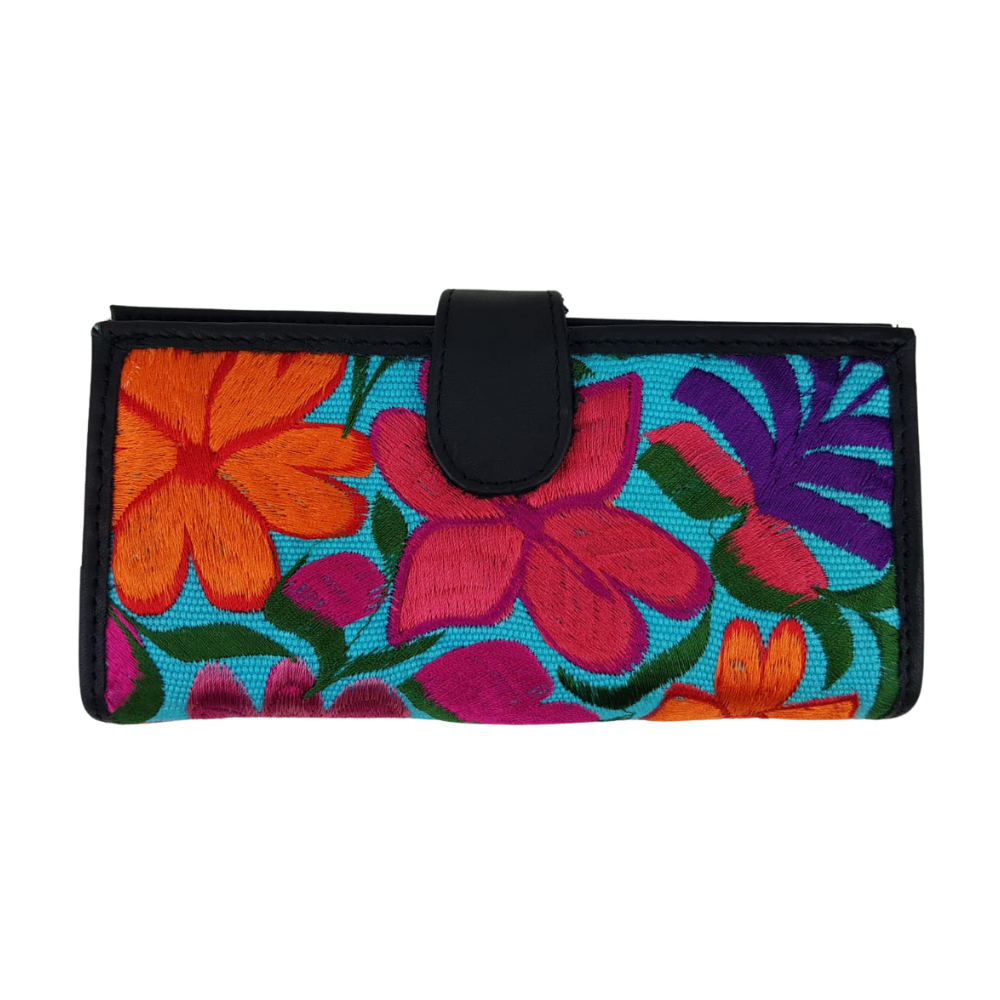 Cartera de piel con textil, para dama, hecha en Oaxaca