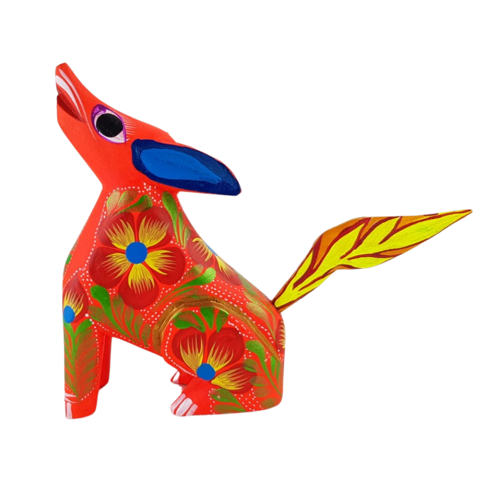 Alebrije oaxaqueño mediano, con forma de perro, de madera de copal