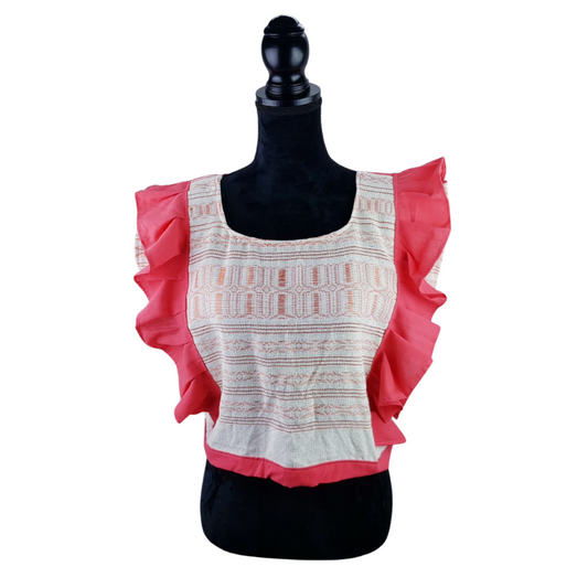 Blusa de manta con olán, y telar de pedal, sin espalda