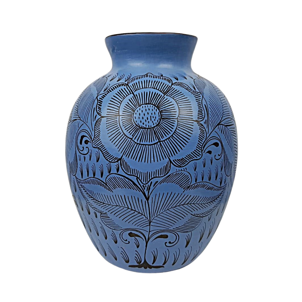 Florero mediano de barro bruñido decorado con flores y pájaros