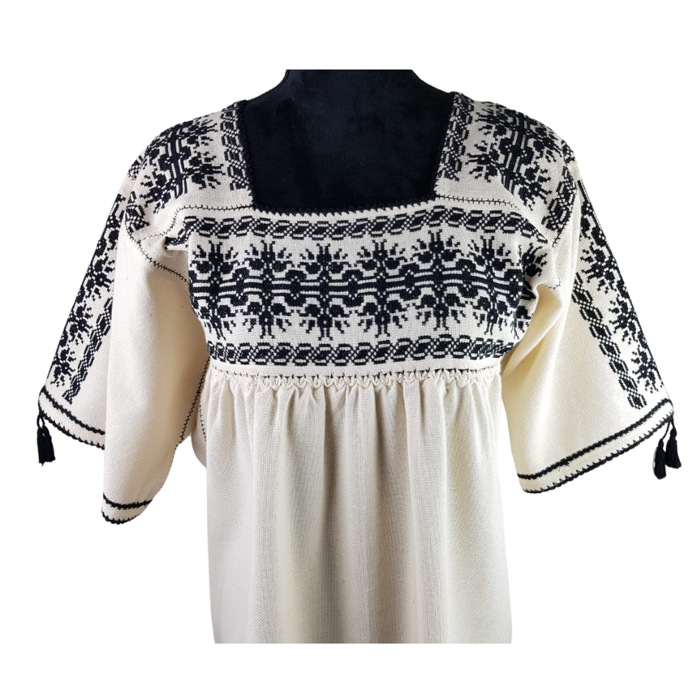 Vestido huanengo con mangas con bordado de punto de cruz, con flores y enredaderas