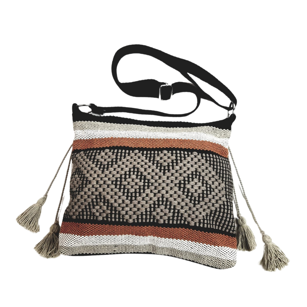 Bolsa de algodón de asa larga, tejida en telar de cintura en Santo Tomás Jalieza Oaxaca