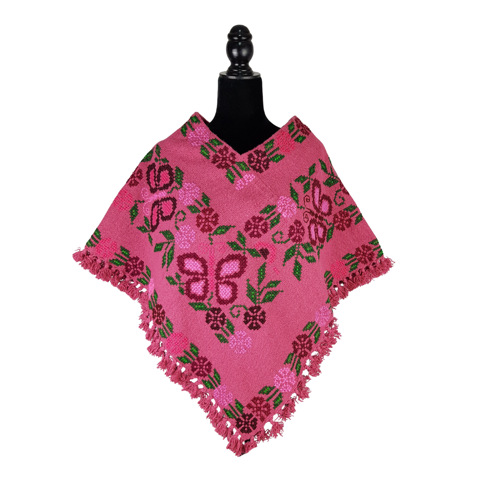 Quexquémetl, capita mediana de acrilán con bordado en punto de cruz o puntada antigua