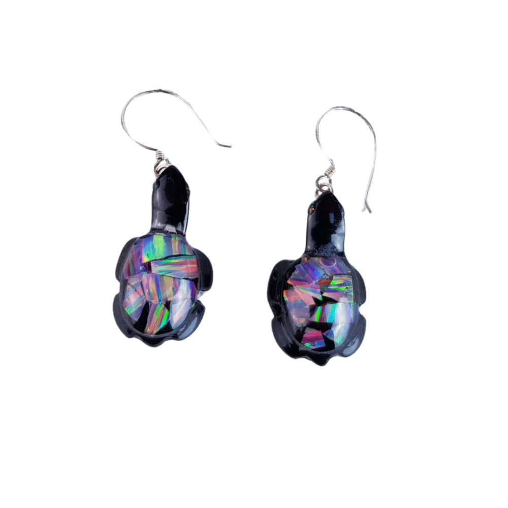 Arete tortuga de obsidiana con encapsulado de ópalo mexicano