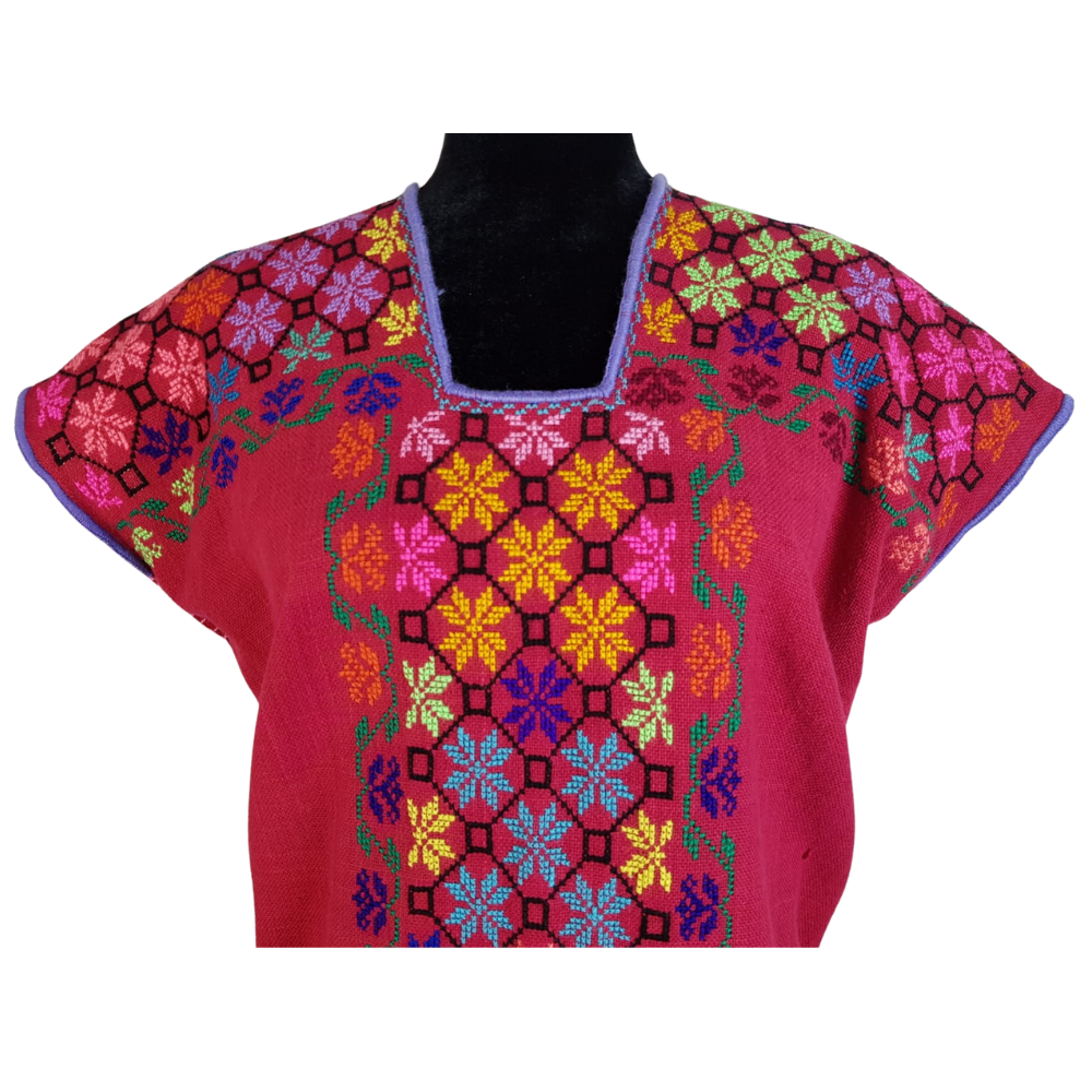 Vestido huanengo con bordado de punto de cruz, con flores y enredaderas