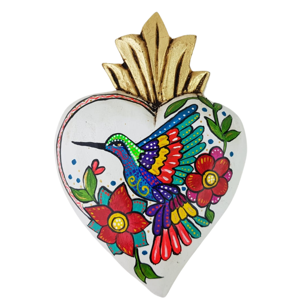 Corazón milagro de madera, con imagen de colibrí