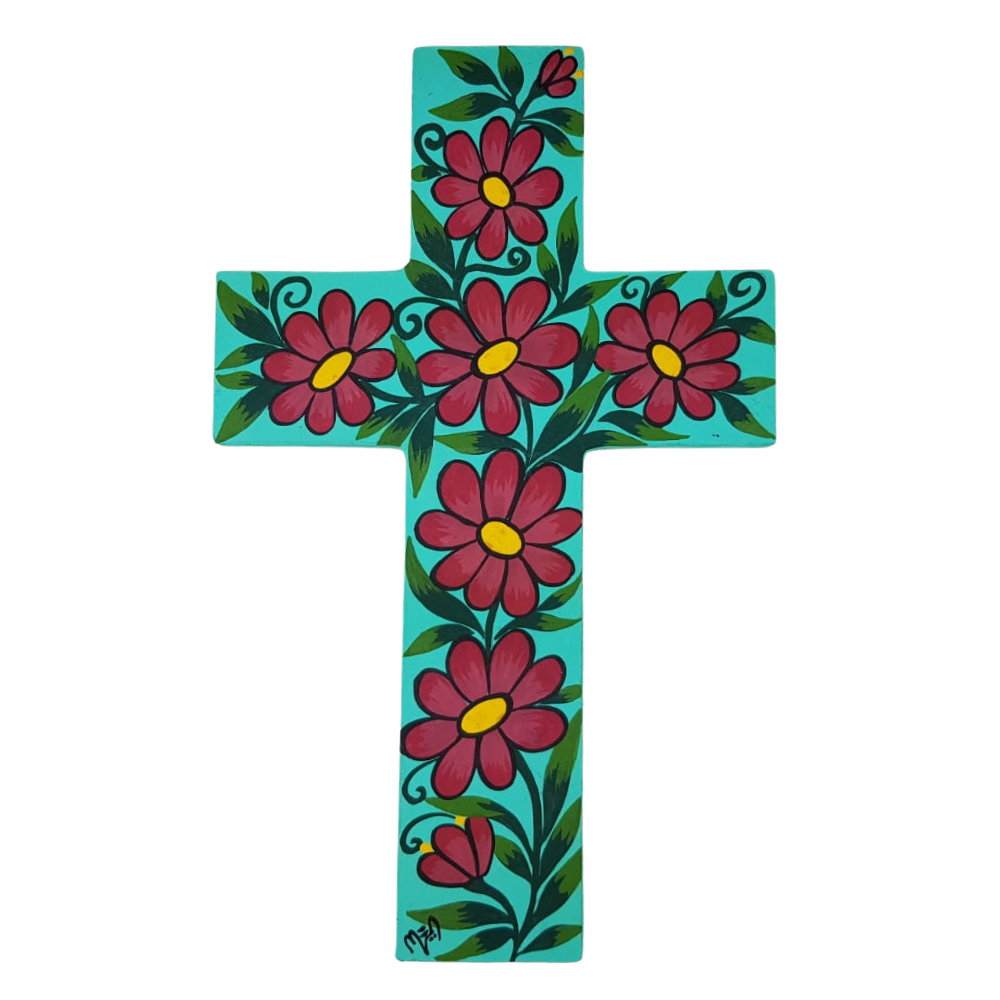 Cruz grande de papel mache pintada a mano, en Jalisco