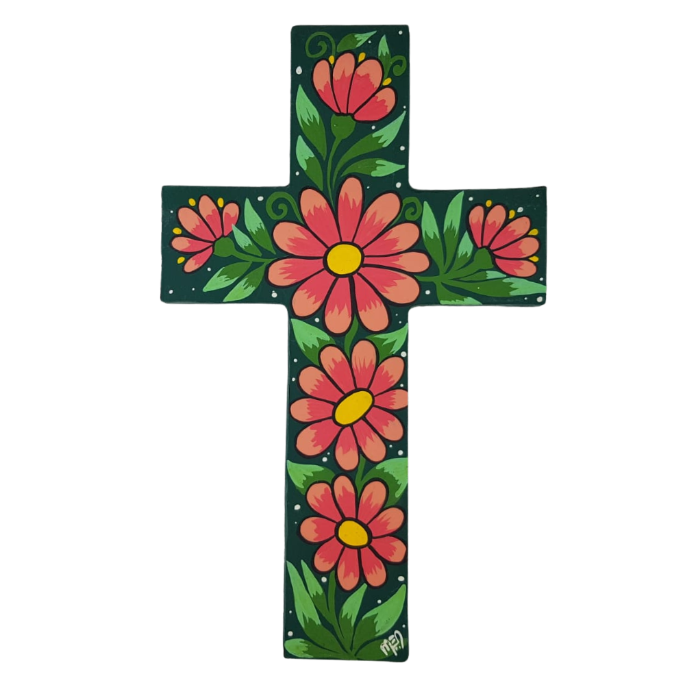 Cruz grande de papel mache pintada a mano, en Jalisco