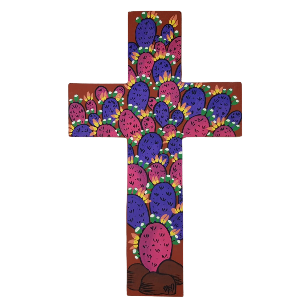 Cruz grande de papel mache pintada a mano, en Jalisco