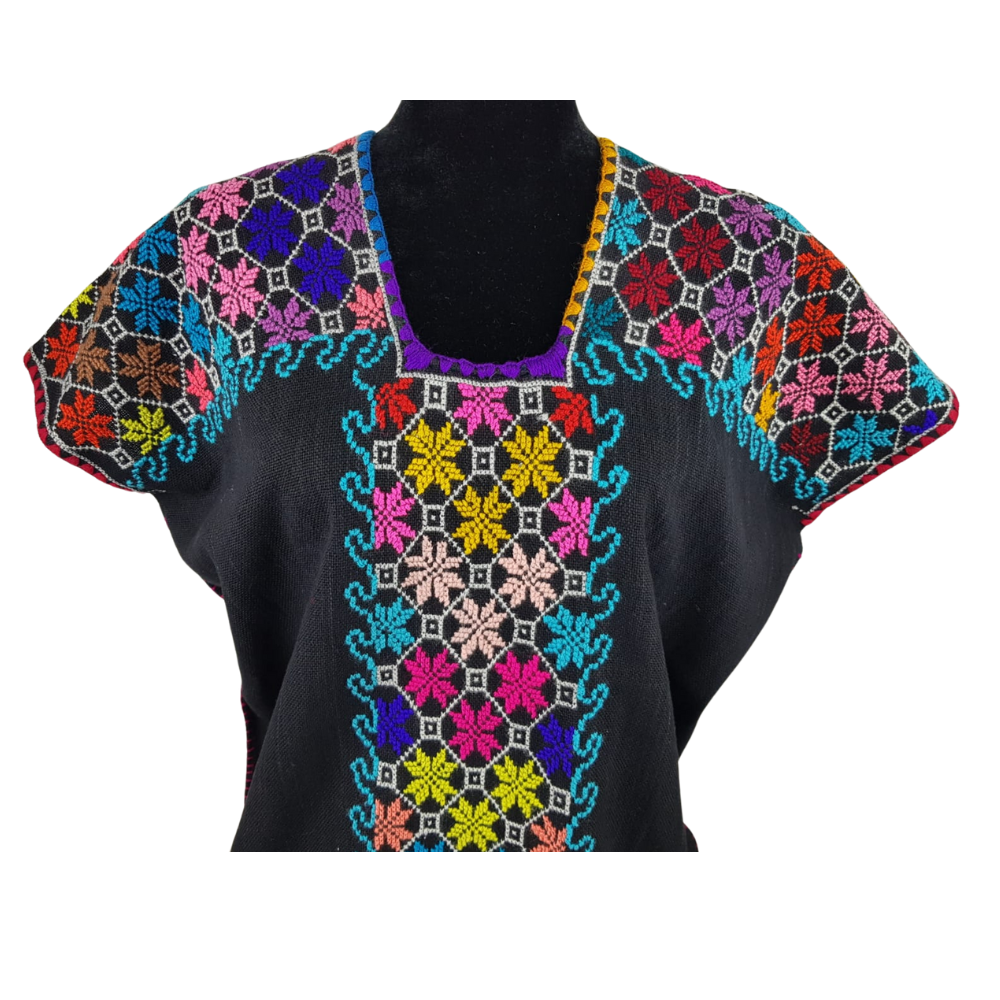 Huanengo Cocucho, blusa purépecha bordada en punto de cruz con grecas y flores.