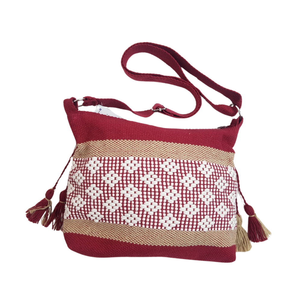 Bolsa de algodón de asa larga, tejida en telar de cintura en Santo Tomás Jalieza Oaxaca