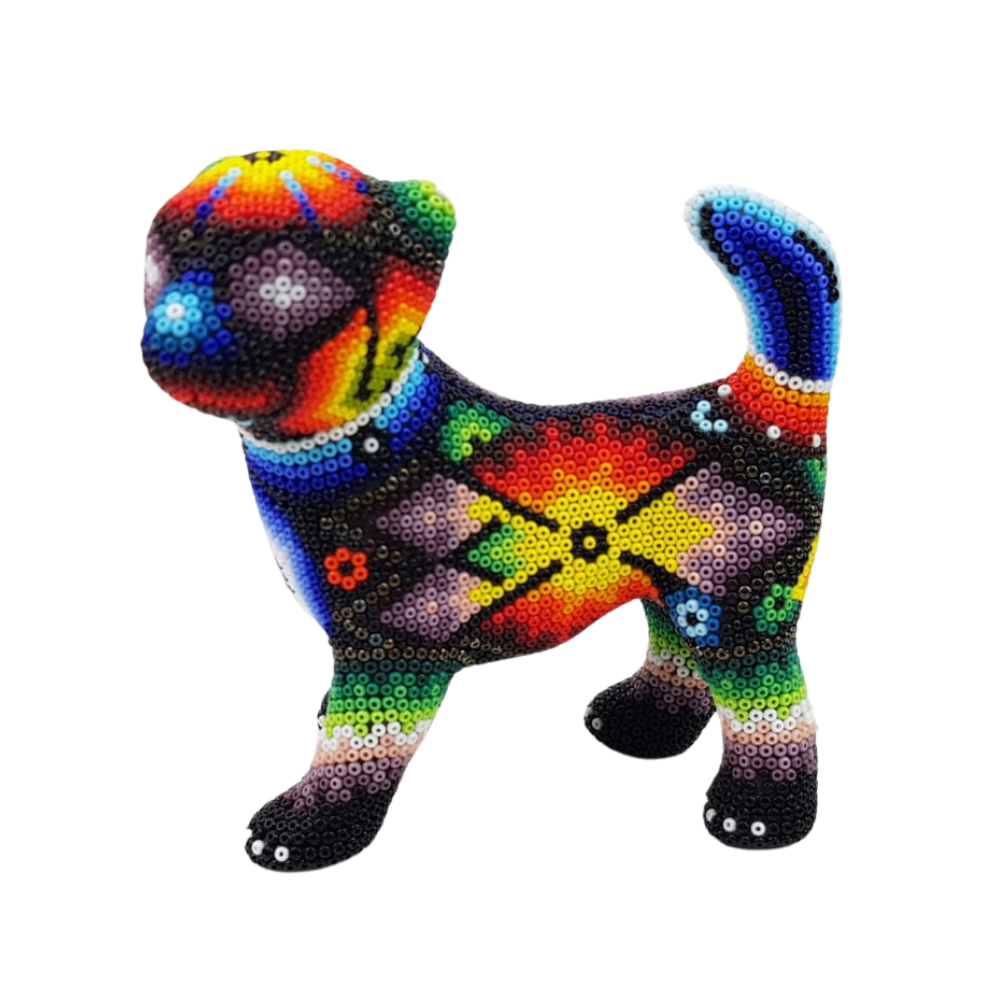 Perro chihuahua decorado con motivos Wixárika