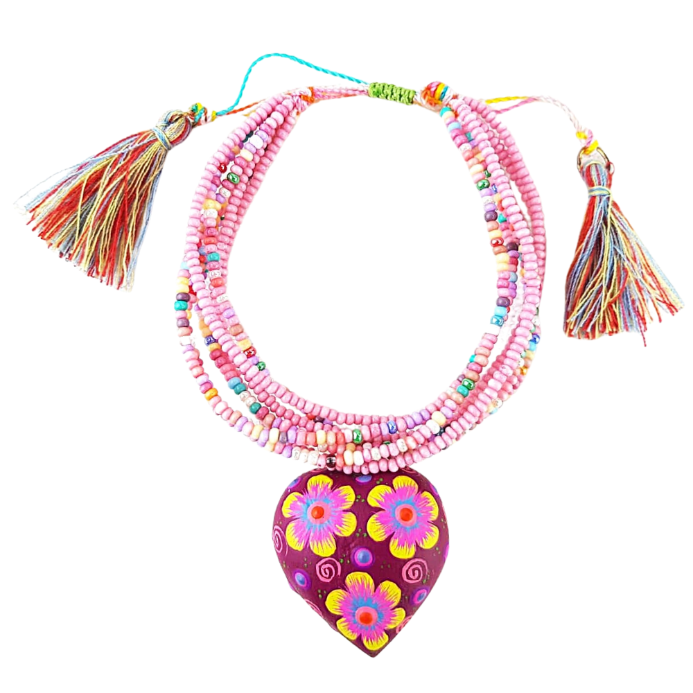 Pulsera con corazón o trompo de madera copal tallado y decorado a mano