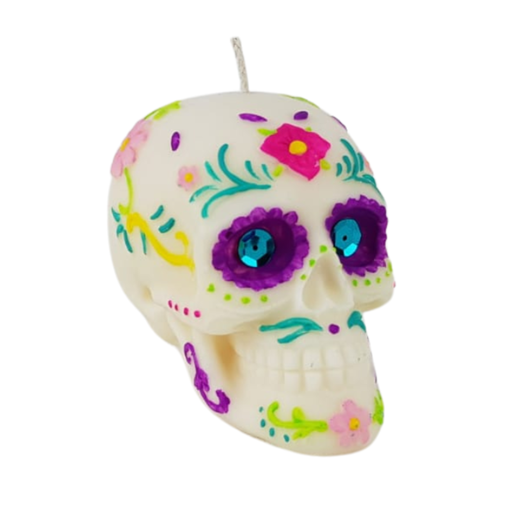 Vela para día de muertos, con forma de calaverita, flor de cempasúchil o papel picado