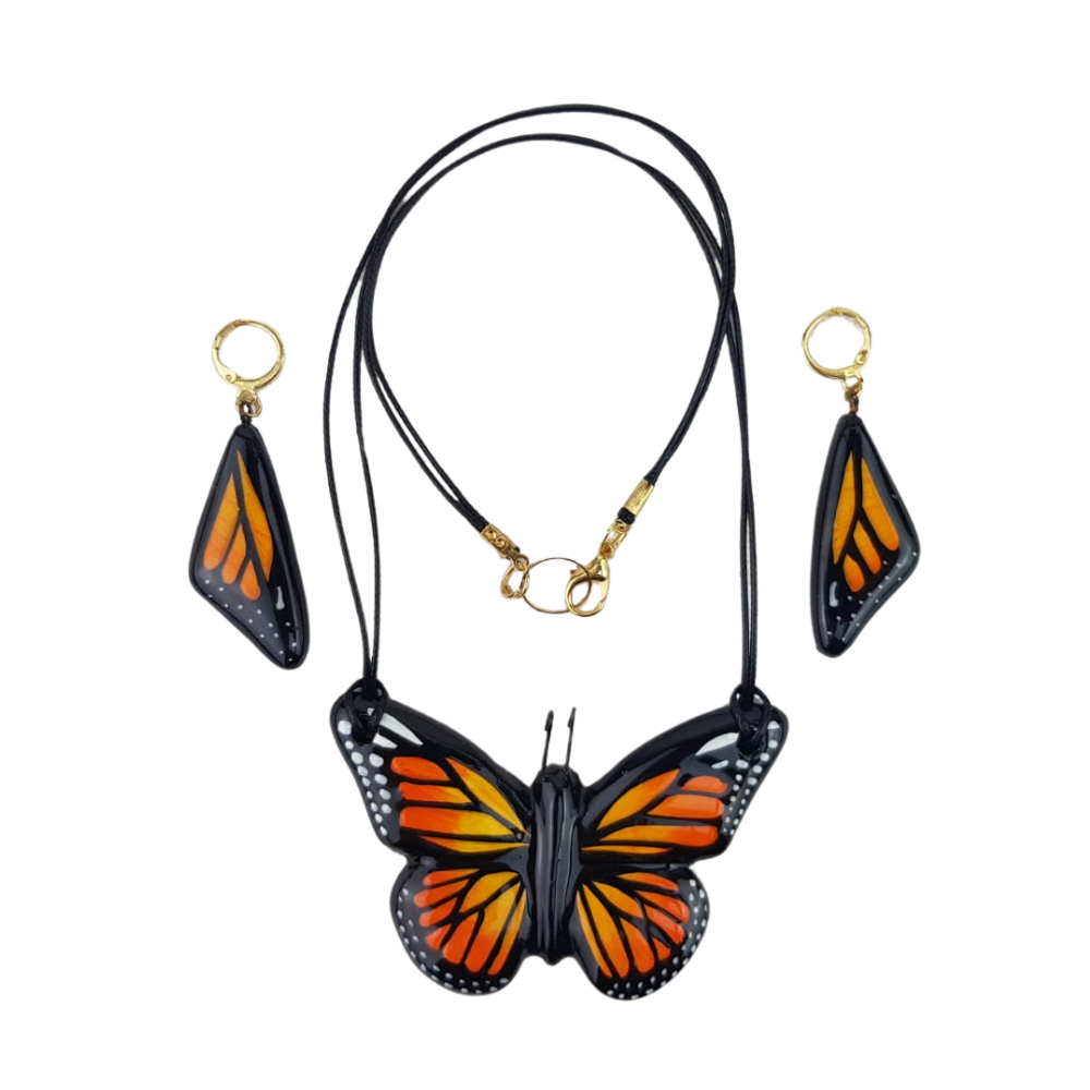 Juego de bisutería de barro policromado con forma de mariposa monarca, y azul