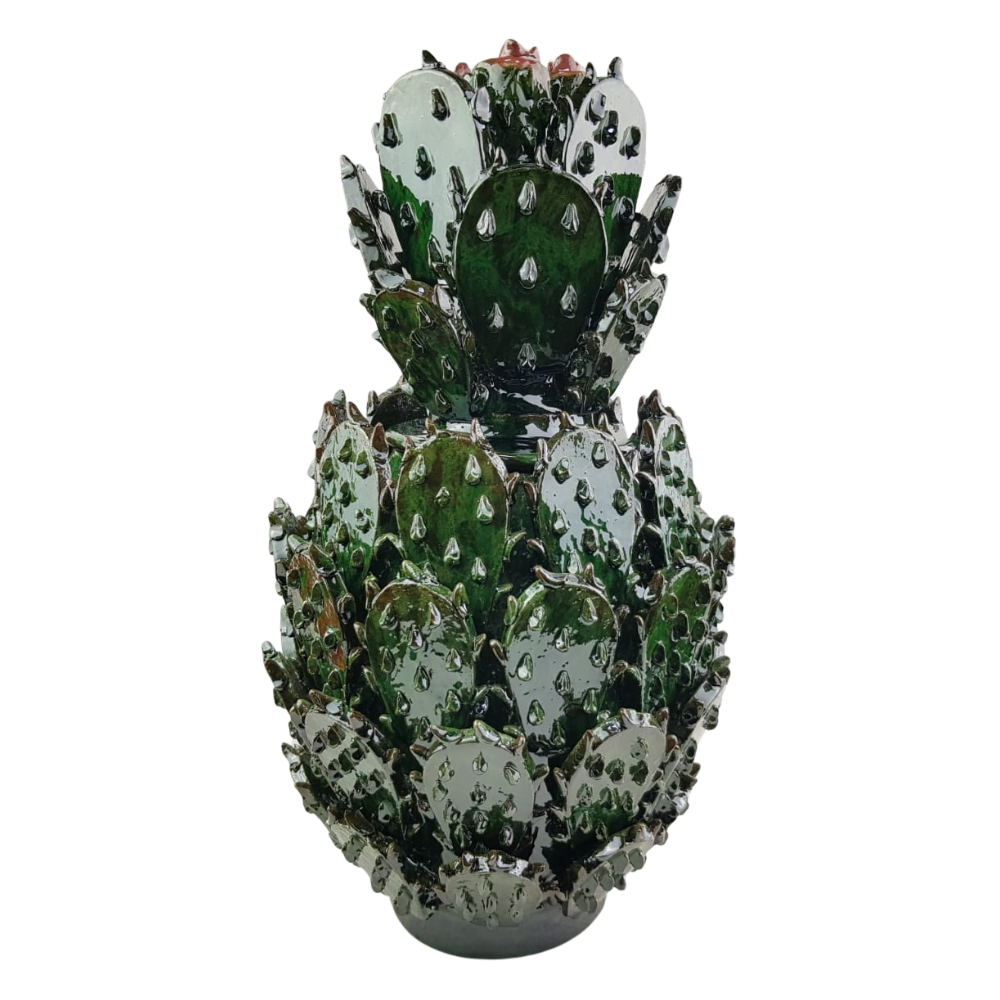 Piña vidriada pencas de nopal, decorada con la técnica de barro vidriado